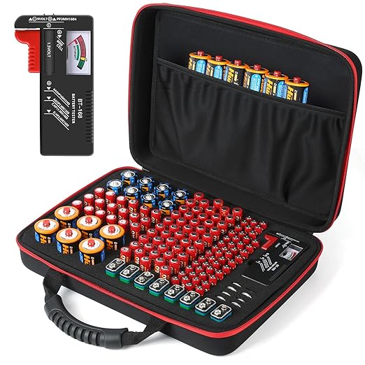 Battery Organizer, Battery Organizer Storage Case with Tester BT-168, Waterproof Battery Holder Box Holds, Battery Case Organizer 165+ AA AAA C D 9V Batteries (Batteries are Not Included)