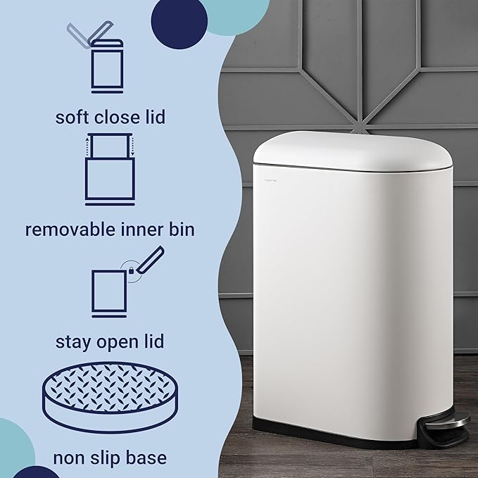 happimess HPM1009C Roland Mini 2.6-Gallon Step-Open Trash Can with Soft-Close Lid, Modern, Minimalistic, Fingerprint Proof for Home, Kitchen, Laundry Room, Office, Bedroom, Bathroom, White
