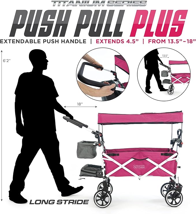Creative Outdoor Wagon for Kids Push Pull Collapsible Stroller with Canopy Folding Cart | Titanium Series Plus | Beach, Park, Garden (Solid Pink)