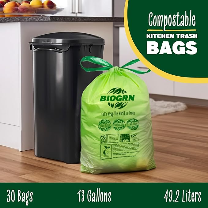 10-13 Gallon Compostable Trash Bags Drawstring 30 Bags Heavy Duty Extra Thick 1 Mil 49.21 Liter Tall Kitchen Food Scrap Waste Compost Bags Green ASTM D6400 US BPI and OK Compost Home Certified
