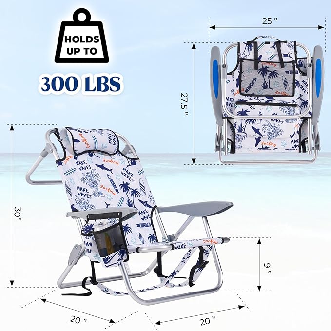 2 Pack Lightweight Portable Camping Beach Chair for Adults, Outdoor Lay Flat Folding Chairs, Backpack Chair with Towel Bar, Cooler Pouch, Cup Holder, White Geometry
