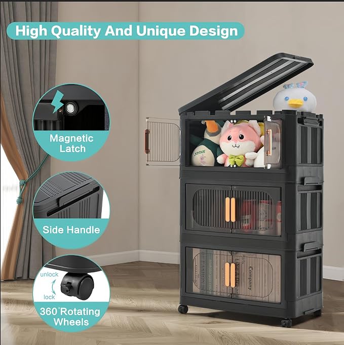 Holaki 195 QT Collapsible Closet Organizers with Lid, 5 Tiers Stackable Plastic Storage Bins Cabinet with Wheels and Magnetic Door (Black)