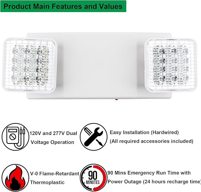LIT-PaTH LED Emergency Lighting Fixtures with 2 LED Heads and Back Up Batteries- US Standard Exit Light, UL 924 and CEC Qualified, 120/277 Voltage, 12-Pack