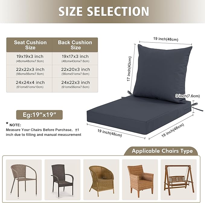 Outdoor Chair Cushions, Waterproof Outdoor Cushions for Patio Furniture w/Fade-Resistant, Removable & Machine-Washable Covers, 19x19 Inch, Ideal for Seat in Gardens/Porch – Set of 4, Dark Grey