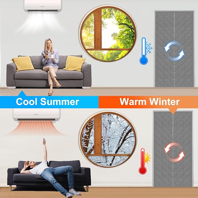 Insulated Door Curtain, 36"x82", Gray - Magnetic Thermal Cover for Winter, Blocks Cold Drafts, Multi-Layer Oxford Fabric, Magnetic Fastening