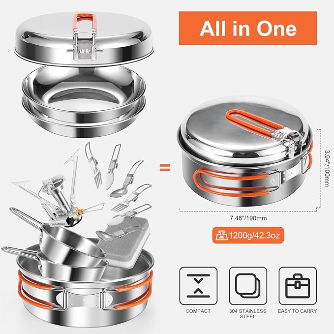 Odoland 10pcs Stainless Steel Camping Cookware Camping Pot and Pan Set with Portable Camping Stove Camping Mess Kit with Plates Bowls Forks Knives Spoons for Hiking Backpacking and Picnic