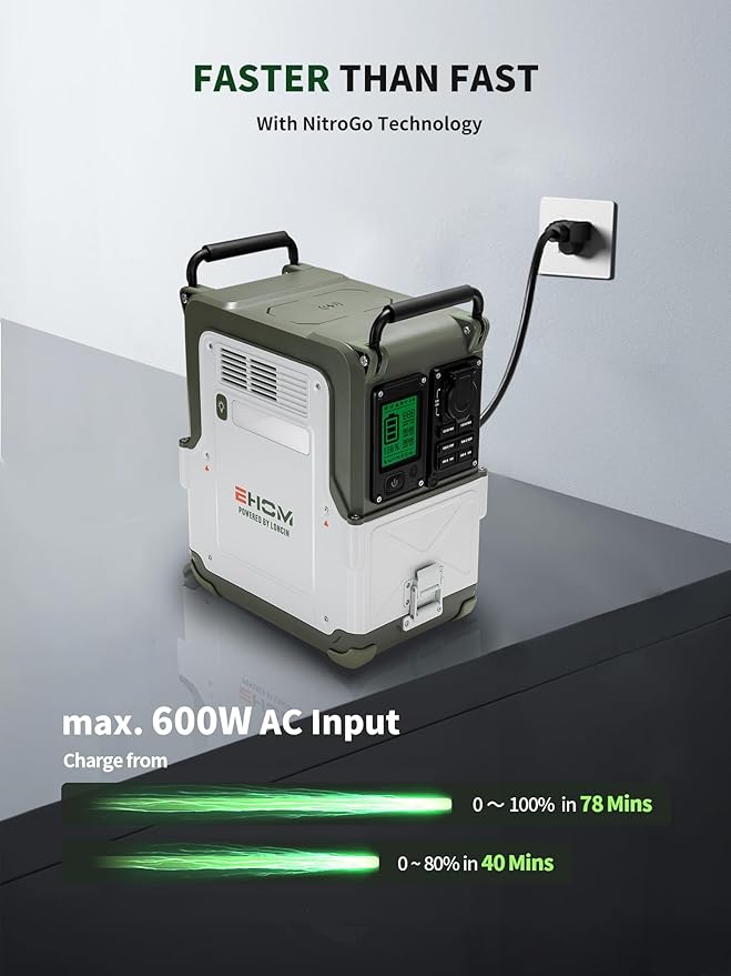 EHOM Portable Power Station, EP600-2 512Wh LiFePO4 EVE Battery Solar Generator Home Backup 120V AC/5521/USB/Car/Wireless, 600W (Peak 1200W) Power Supply as Emergency Generator for Home Outdoor Camping