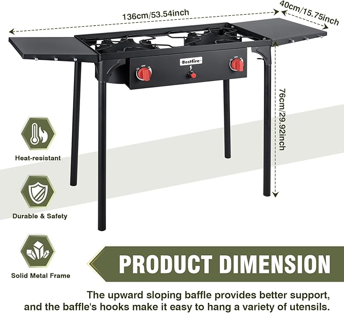 Bestfire 2 burner Camping Stove with Auto Ignition Button,Side Shelves & Regulator150,000 BTU Gas Stove Propane Burner With Removable Legs for Outdoor BBQ&Backyard Cooking Camping Home