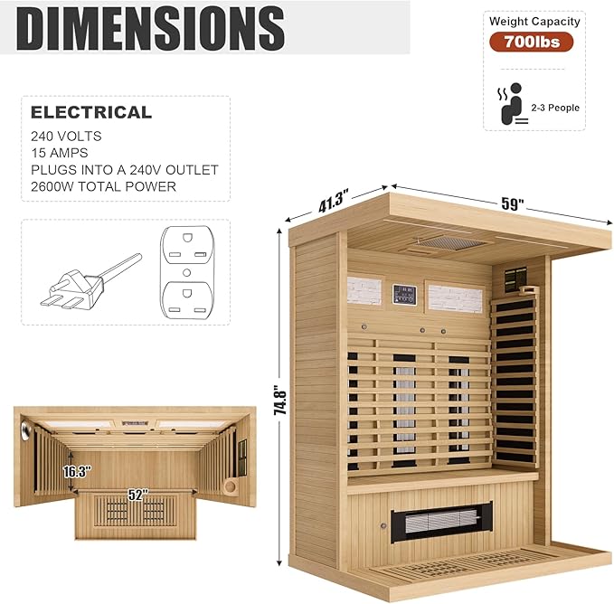 Full Spectrum Infrared Sauna，2-3 Person Home Sauna，Wooden Canadian Hemlock Indoor Spa Sauna with Resonance Speaker, Panoramic Tempered Glass Door