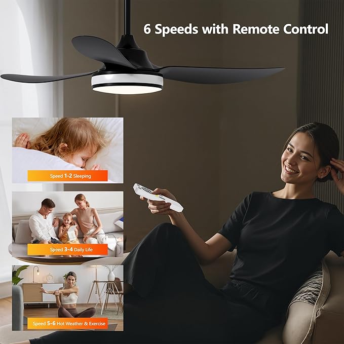 42 Inch Ceiling Fan with Light and Remote, Modern 3 Blade DC Motor Quiet Fan, Dimmable RGB LED, Reversible ABS Blades, for Bedroom Living Room(Black)