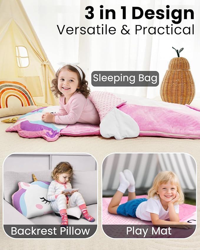 Primlect Kids Sleeping Bag with Pillow, Larger Toddler Nap Mat, Plush Slumber Bag for Boys Girls Daycare Preschool Kindergarten Birthday Gift Travel Sleepover Ages 3-6 Years