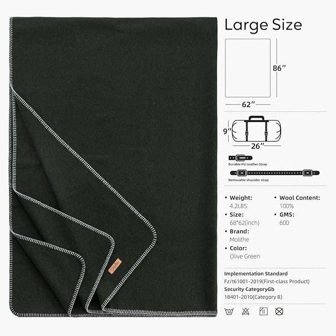 100% Wool Blanket, 62" x 86", Warm, Thick, Washable, Military Wool Blanket, Great for Camping, Outdoors, Sporting Events, Survival Kits