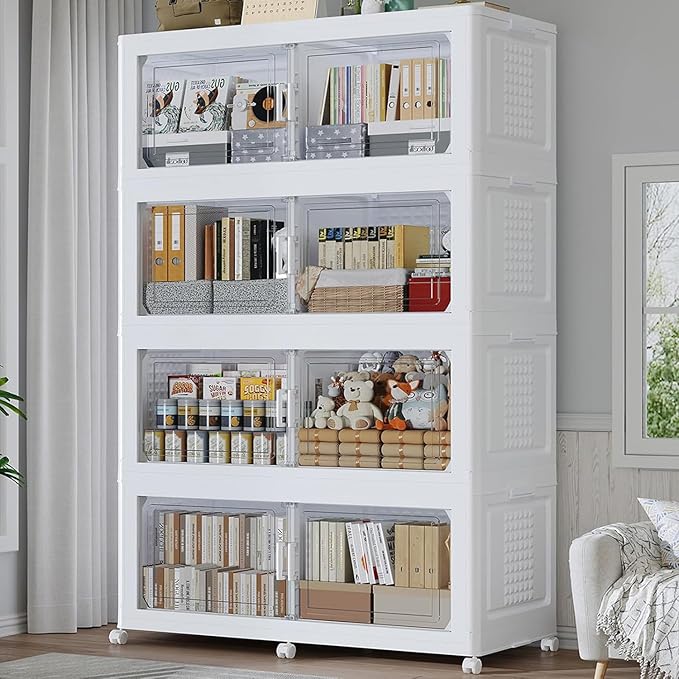 200GAL Extra Large Storage Bins with Lid, 800Qt Stackable Closet Organizers and Drawers, Collapsible Storage Bins with Wheels, Folding Storages Cabinet for Home Bedroom Office, 4Pack White