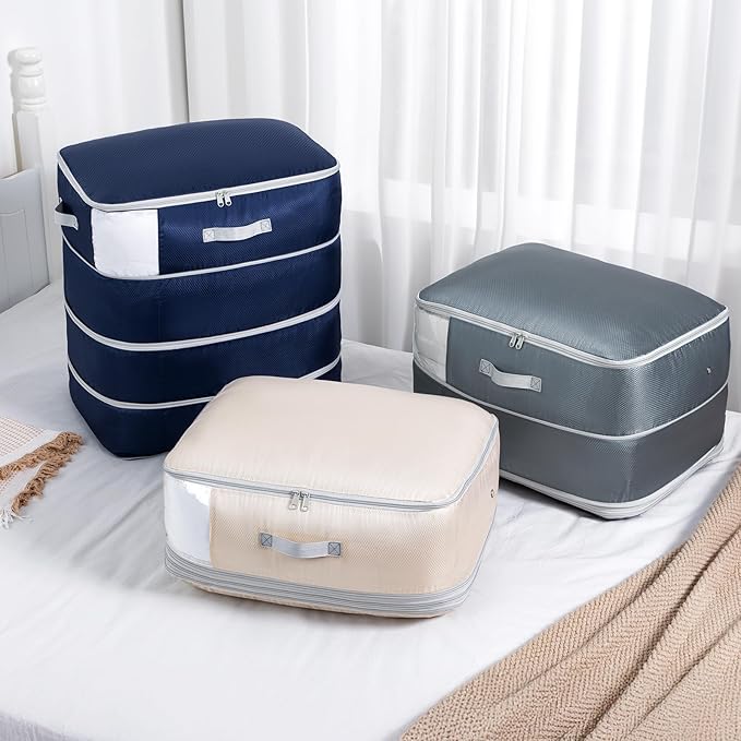 Comforter Storage Bag - Large Capacity Blanket Storage Bags 4-Layer Ultra Space Saving Self Compression Organizer, Washable Compression Bags for Storage Comforter Blanket, 4-Pack, Navy Blue