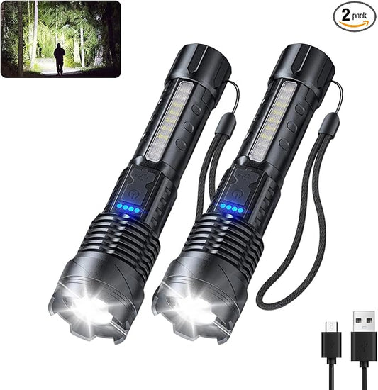 JIJ 2 Pack Rechargeable Flashlights High Lumens, 7 Modes LED Flashlight with IP67 Waterproof, Adjustable Handheld Tactical Flashlight for Camping, Home Emergency, Outdoor