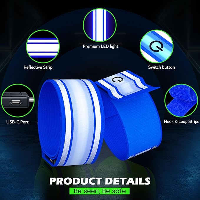 LED Armband for Running 2 Pack, 5 Colors 3 Lights Modes Rechargeable Reflective Light Up Arm Bands, High Visibility Reflective Gear for Running Walking Cycling at Night (Blue)