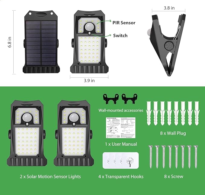 Tryme 45LEDs Solar Lights Outdoor Clip Motion Sensor Lights 3 Modes 3 Mounting Ways IP65 Waterproof Security Light for Chain Link Fence Camping Gate (2 Pack)