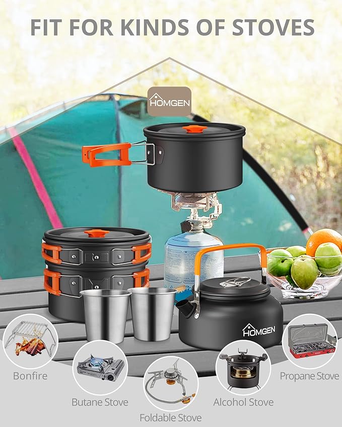 HOMGEN 12-Pieces Ultralight Anodized Aluminum Camping Cookware Set for 2 People - Nesting Pot/Pan with Foldable Handles 800ml Insulated Teapot & Stainless Cups - Compact Backpacking Gear for Camping