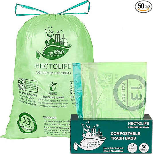 13 Gallon,50 Count, Compostable Trash Bags with Drawstring,Tear Resistant Kitchen Food Scrap Waste Bag, ASTM D6400, US BPI and Europe OK Compost Home Certified