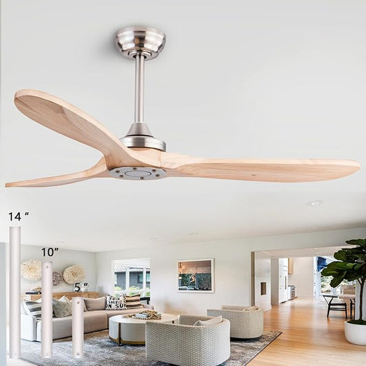 52" Wood Ceiling Fan No Lights with Remote Control,Wooden 3 Blades Ceiling Fans Without Light for Patio,Garage,Living Room,Bedroom,Office,Indoor/Outdoor(Nickel+Raw wood)