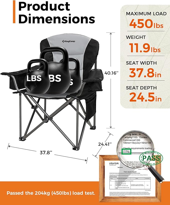 KingCamp Oversized Camping Folding Chair, Heavy Duty 450 LBS with Lumbar Support, Padded seat with Cup Holder&Cooler Bag, Ideal for Camp, Fishing, Sports Event, Backyard, Patio, Lawn (Black/Grey)