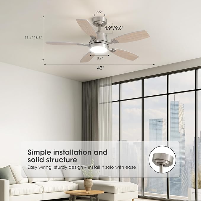 42" Ceiling Fan with Light, Modern Low Profile Ceiling Fan with Light, DC Reversible Motor, Smart APP & Remote Control, Whisper Quiet, Dimmable LED for Bedroom/Living Room