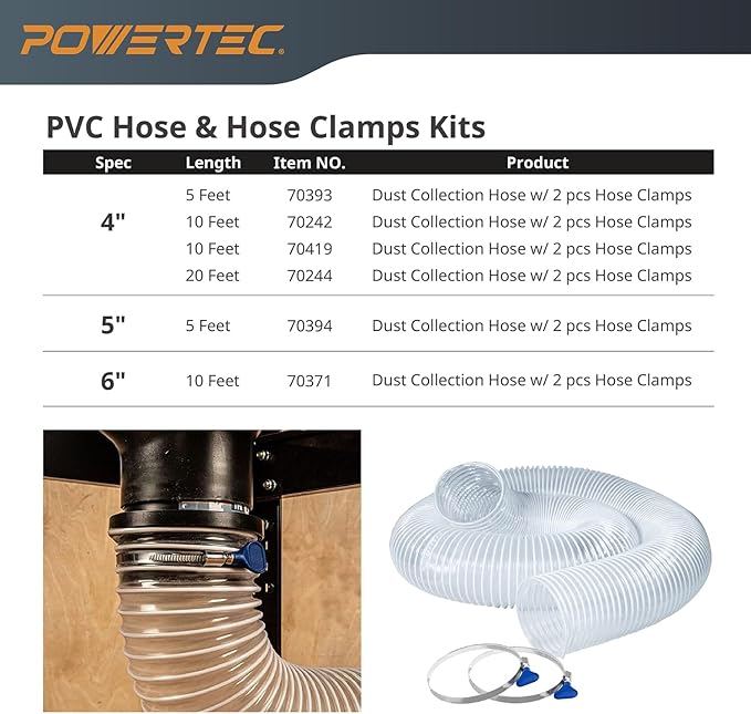 POWERTEC 3" x 5' PVC Flexible Dust Collection Hose with 2pcs Stainless Steel Key Hose Clamps for Table Saw, Planer, CNC Machine, Radial Arm Saw, Woodworking & Wood Shop Dust Collection System (70392)