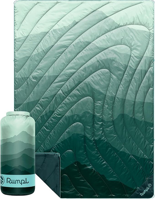 Rumpl Original Puffy Blanket - Warm, Water-Resistant Camping Blanket with 100% Recycled Synthetic Insulation, 52"x75", Original Puffy V2, Cascade Fade - Green