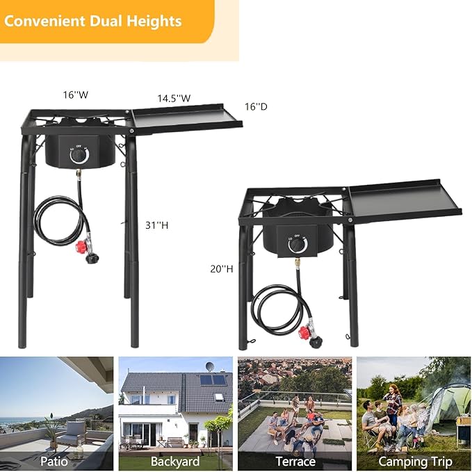 Bonnlo Single Burner Gas Stove Propane Stove, 100,000 BTU High Power Portable Outdoor Camp Cooker Stove with 20 PSI Regulator, Adjustable Height & Side Shelf for Backyard, Camping, Tailgating