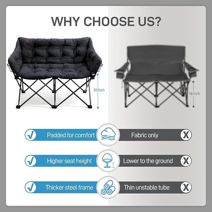 EVER ADVANCED Double Camping Chair for Adults, Padded Folding Camping Loveseat Bench with Side Pocket Portable Camping Couch, Two Person Heavy Duty Outdoor Chair with Cushion,Support 600lbs, Black