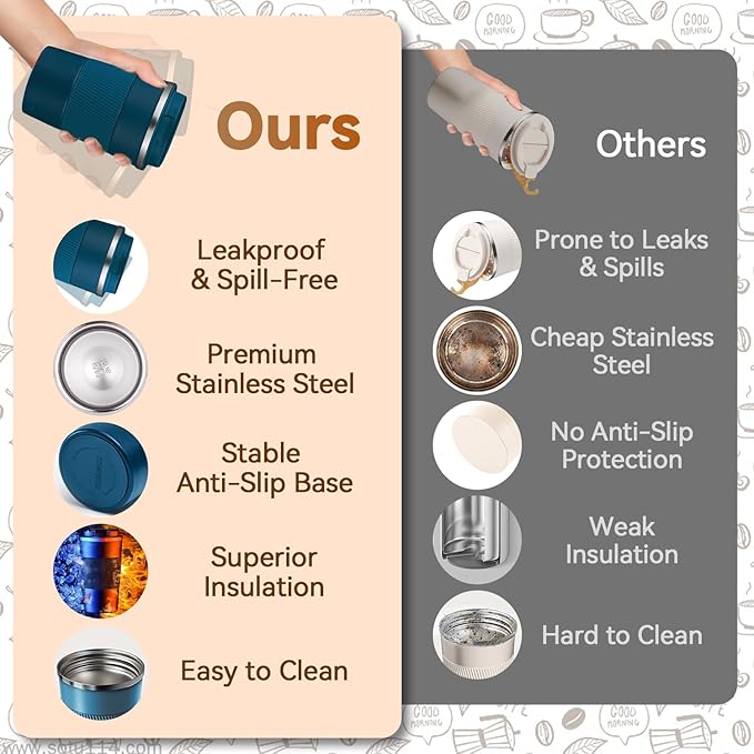 12OZ Travel Coffee Mug Insulated Coffee Cup with Spill Leak Proof Lid, Portable Stainless Steel Tumbler Reusable Hot and Cold Water Mug for Car, Daily, Camping- Blue