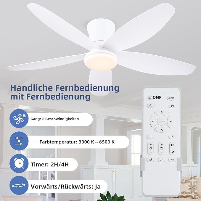 42" Ceiling Fans with Lights-Low Profile Ceiling Fan with Light and Remote/APP Control,Flush Mount,DC Reversible,LED Dimmable Modern Ceiling Fans for Bedroom,Indoor/Outdoor Patio Use(White)