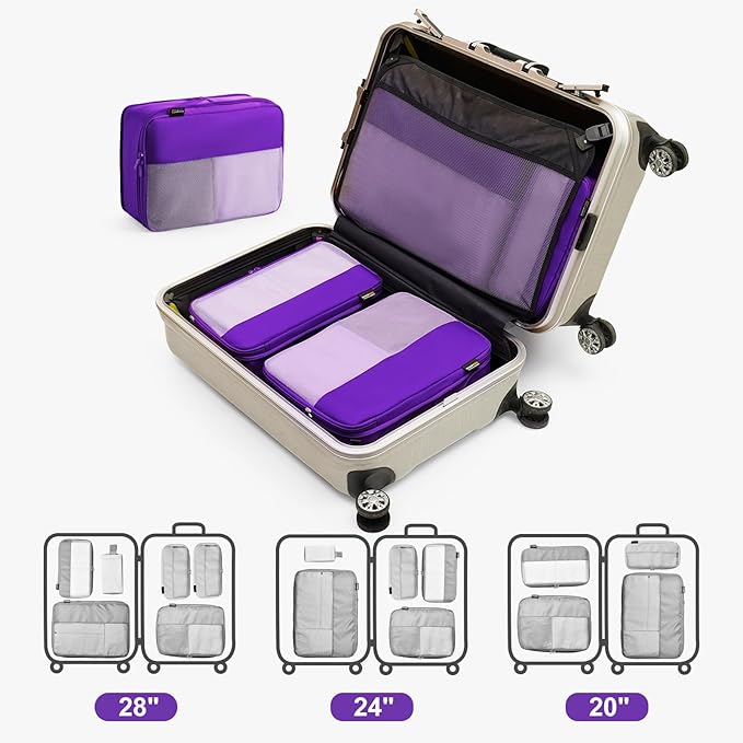 6 Set Compression Packing Cubes for Travel Essentials, Luggage Organizers for Suitcases (Lavender Purple)