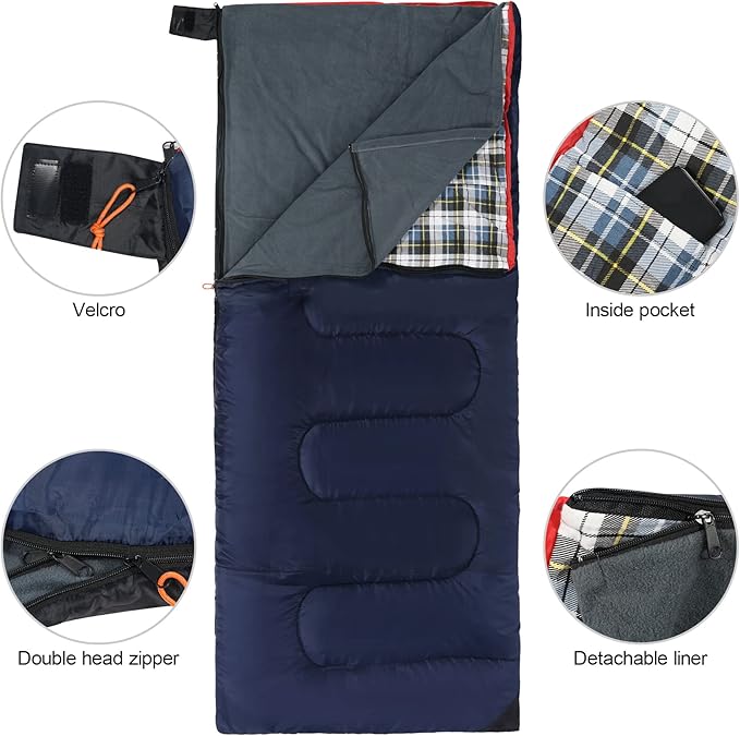 REDCAMP Cotton Flannel Sleeping Bag for Camping Backpacking, Adults Cold Weather Envelope Sleeping Bags with 2/3/4/6lbs Filling