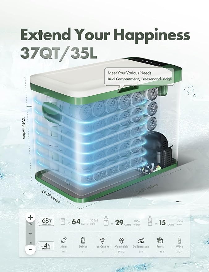 A-Premium 12 Volt Refrigerator 37QT/34.9L Portable Car Fridge Cooler, -4°F~68°F Portable Freezer Fast Cooling with 12/24V DC & 110/240V AC for Truck Outdoor Camping RV Roadtrips and Home Party Use