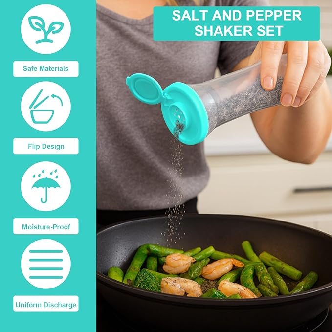 Set of 2 Clear Salt and Pepper Shakers, Plastic Spice Jars with Colorful Lids, Leakproof Moisture-Proof for Home Kitchen Restaurant, Camping, Travel, Picnic (Light Green)