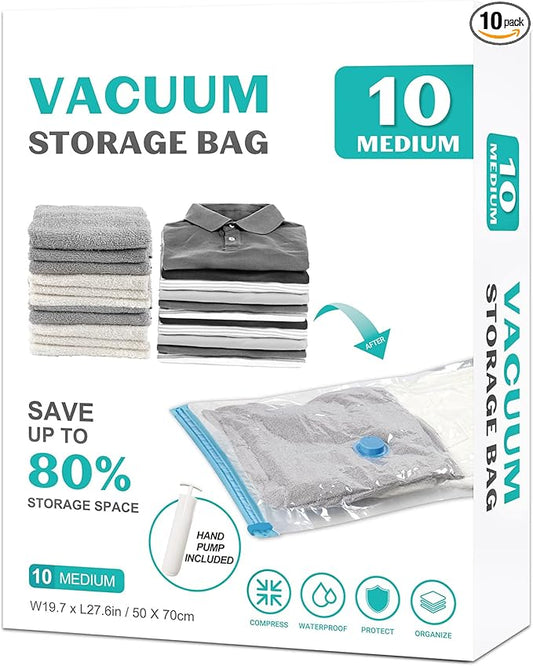 10 Pack Medium Vacuum Storage Bags Seal Bags for Bedding Clothing Compression Bags for Travel Blankets and Comforters Hand Pump Included