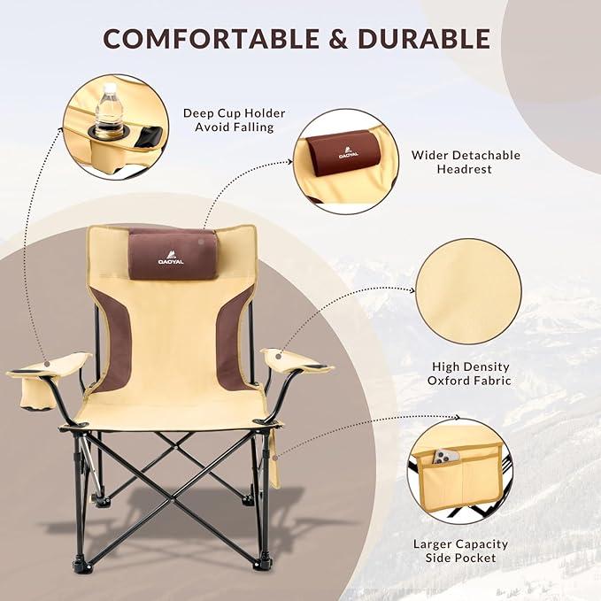 Reclining Camping Chair 4-Position Adjustable, Lightweight Folding Lounge Beach Chair for Adults with Removable Footrest & Headrest, Cup Holder & Storage Pouch for Outdoor(330lbs Capacity), Khaki