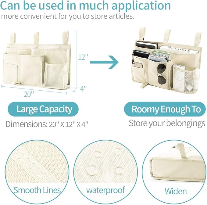 Bseash Bunk Bed Organizer, Bedside Caddy Hanging Bed Organizer Storage Bag 8 Pockets, for College Dorm Rooms Bed, Hospital Bed, Baby Bed Rails, 600D Oxford Cloth (Beige)