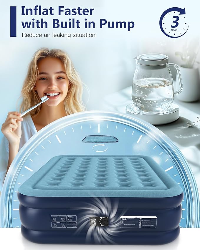 Queen Air Mattress with Built in Pump 18" Blow Up Mattress Raised Air Bed, 3 Mins Quick Self Inflatable with Storage Bag for Guest and Home