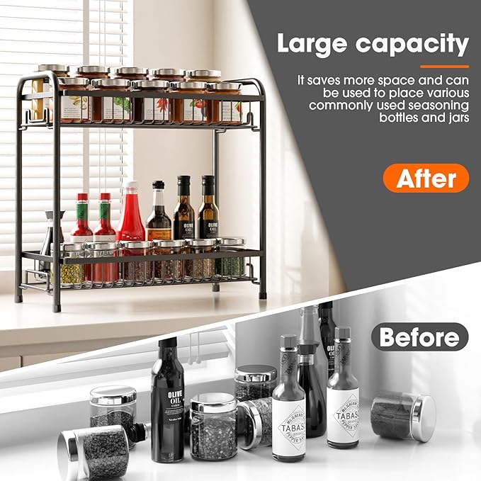 Spice Rack for Countertop, 2-Tier Standing Sturdy Metal Seasoning Organizer Holder, Space Saving Spice Shlef for Kitchen, Cabinet, Pantry Storage, Easy Assembly, Black