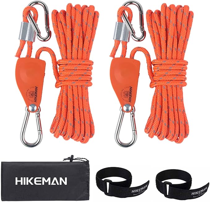 Hikeman Camping Rope with Ratchet Pulley,Quick Setup Outdoor Guy Lines Adjustable Tent Tie Downs Rope Hanger for Canopy,Kayak and Canoe,Grow Light (Orange)