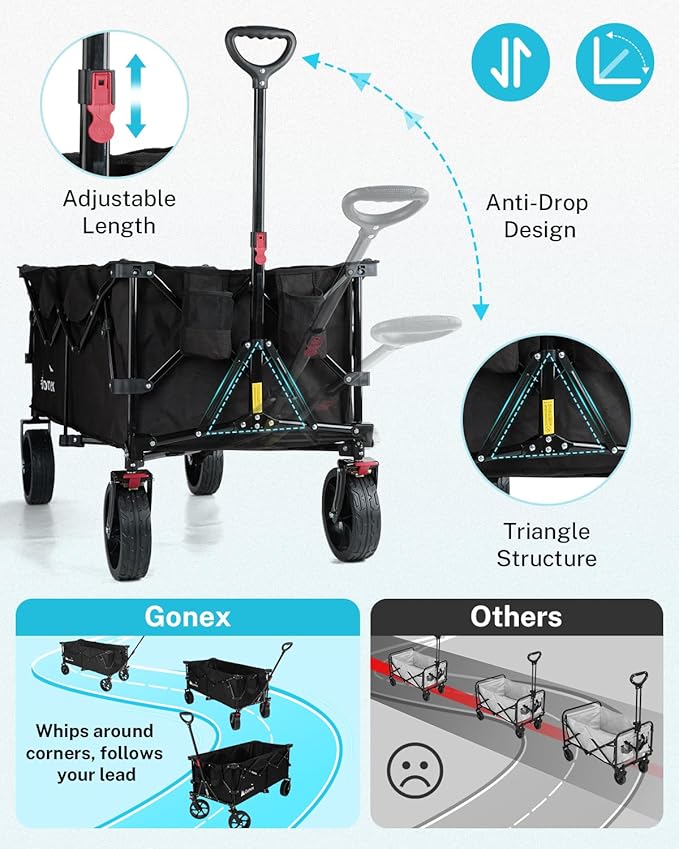 Gonex 48''L Collapsible Foldable Heavy Duty Oversized Wagon with 440lbs Weight Capacity, 300L Folding Large Utility Garden Grocery Shopping Cart with 8" H All-Terrain Wheels & 2 Drink Holders - Black