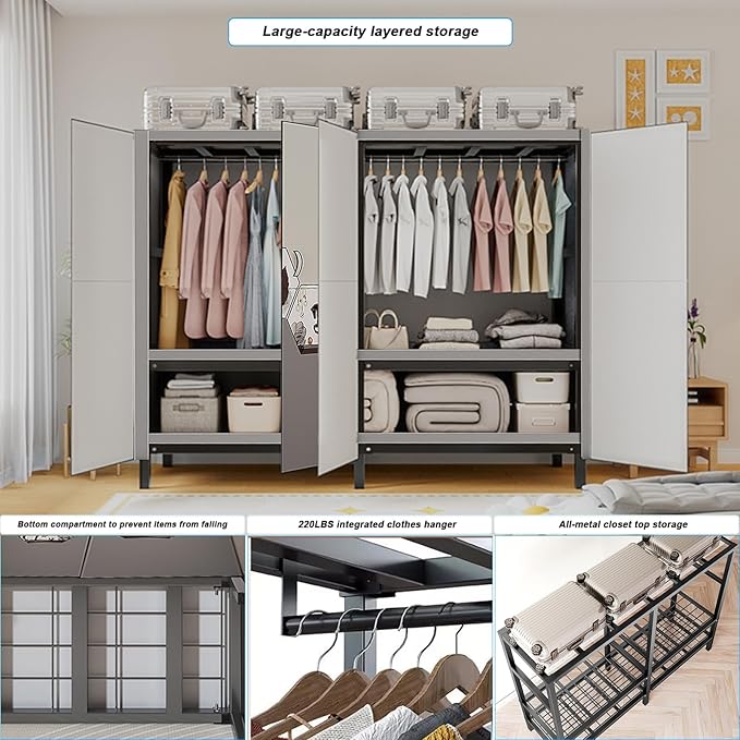 FPIGSHS Heavy Duty Clothes Rack with Magnetic Door 2000LBS Foldable Portable Wardrobe Closet for Hanging Clothing Rolling Garment Rack on Wheels for Bedroom Closet System (C(Pattern Door, 59in)