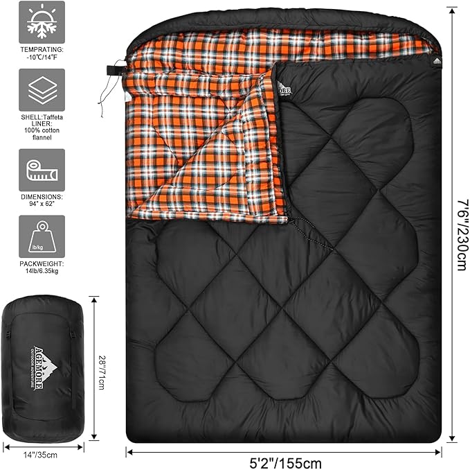 AGEMORE 0 Degree Double Sleeping Bag for Adults, Cotton Flannel Lined 2 Person Queen Size Warm Sleeping Bag for Family Winter Camping or RV Traveling