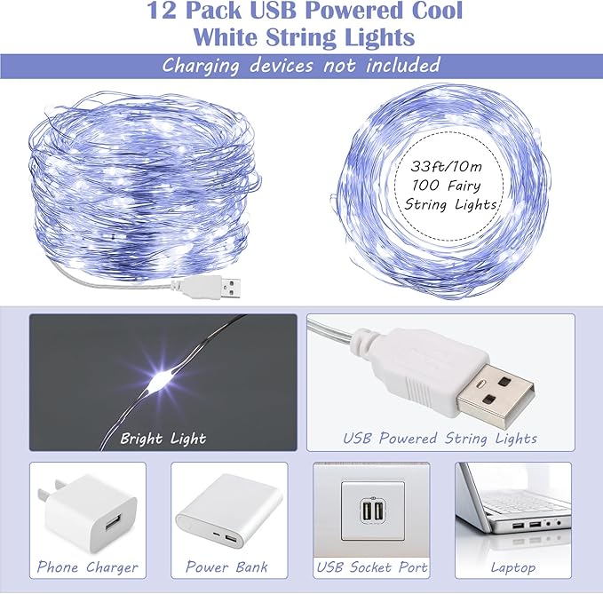 Macarrie 12 Pcs USB String Lights 33 ft 100 LED Fairy Lights Powered String for Christmas Indoor Outdoor Wedding Party Tree Home Festival Garden Decoration (Cool White)