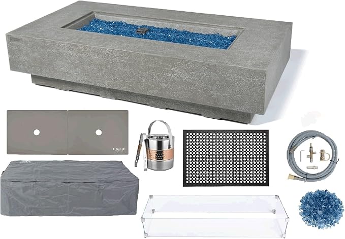 Elementi+ | Bundle Riviera Gas Fire Pit Cast Concrete 60" Rectangular Fire Table, Outdoor Fire Pit Electronic Ignition | Canvas Cover, Fire Glass and Burner Lid Included | Light Gray | Natural Gas
