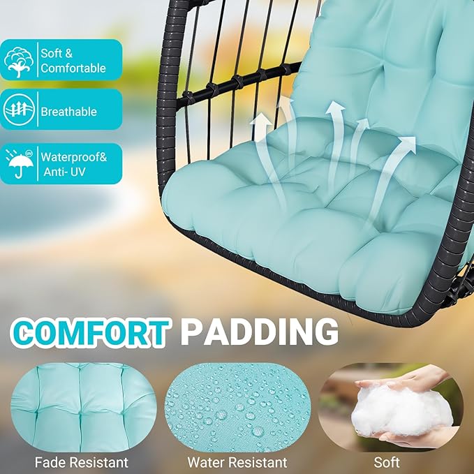 Egg Chair with Stand,Patio Rattan Wicker Hanging Swing Egg Chair Hammock Chair for Bedroom Porch Garden,Thickened Aluminum Alloy Steel Frame and UV Resistant Cushion,350LBS Capacity