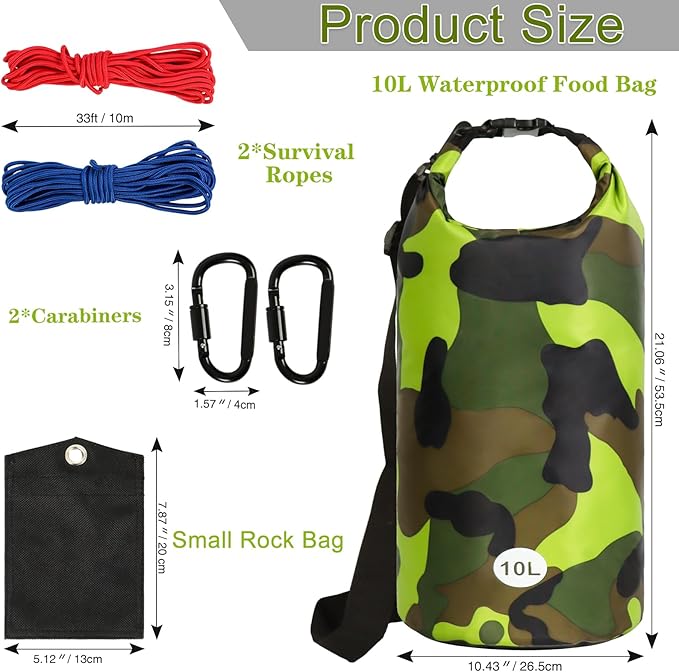 Bear Bag Hanging Kit, 10L Waterproof Bear Proof Food Storage for Backpacking and Camping, Ultralight Bear Proof Canister Gear for Food Storage with Nylon Ropes, Clips and Rock Pouch