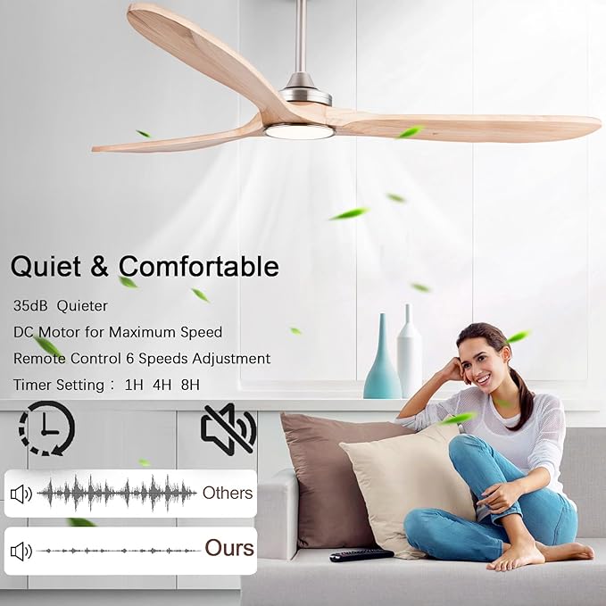 52" Wood Ceiling Fans with Lights and Remote Control,Indoor Outdoor 3 Blades Wooden Ceiling Fan for Garage,Patio,Living Rooms,Bedrooms,Offices,Farmhouse(Nickel+Raw wood)